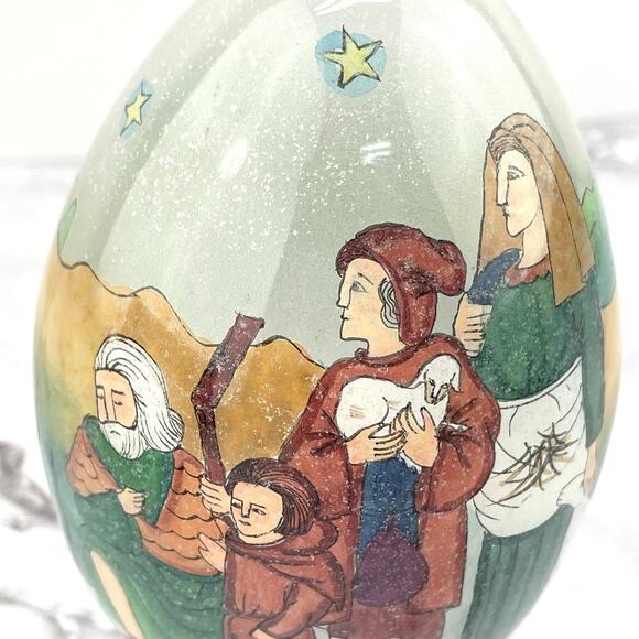 Hand Blown Glass Egg with Stand 1991 SMC in Box Religious Design Li Bien Painted - Picture 5 of 15